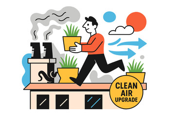 Green Rooftop Retrofit. Air pollution ? Green retrofit rooftop. Vents replaced by planters; arrows show filtered airflow across grasses. A sticker proclaims