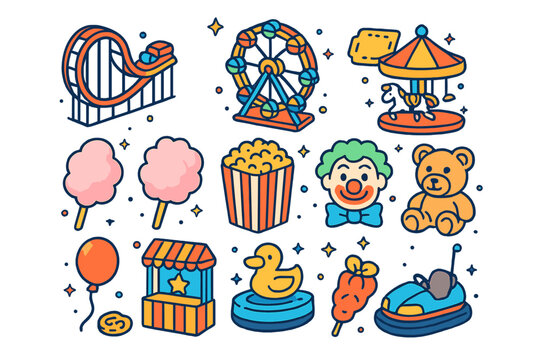 Playful Amusement Park Icons. Amusement Park. Colorful isometric vector icons set of Amusement Park: rollercoaster, Ferris wheel, carousel, ticket, cotton