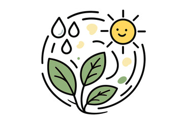 Naklejka premium Harmony in Growth. Harmony of Growth. Circular composition of leaves, sun, and soft rain icons merging together. Smooth motion lines show renewal and balance.