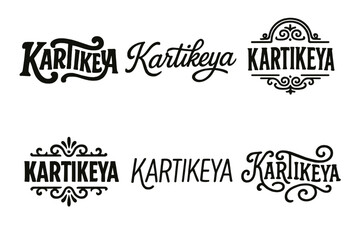 Fototapeta premium Diverse Lettering Styles. Karitkeya God. Set lettering. harmonious lettering variations of the same emblematic concept, each with different artistic