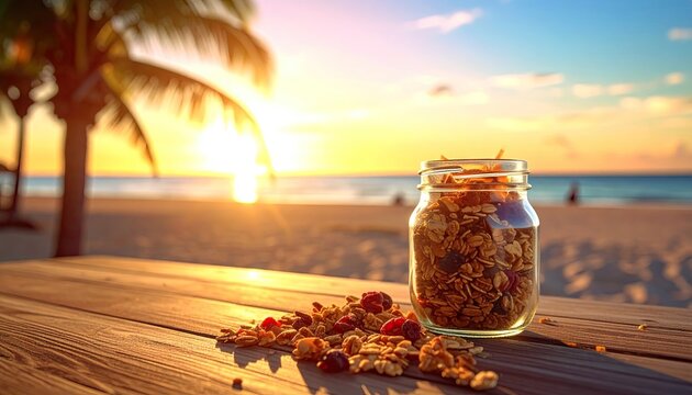 Granola Jar On Wooden Table Against Beach Sunset Scene With Palm Tree Silhouettes and Golden Hour Lighting - Powered by Adobe