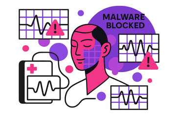 AI Safeguarding Healthcare. Cybersecurity for healthcare devices ? AI threat detection. A digital face scans anomalies across waveform grids; warning triangles