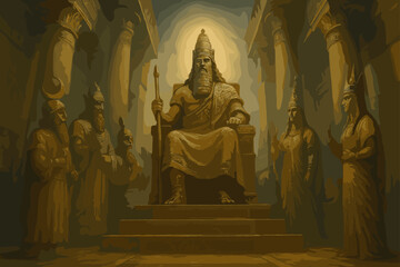 Fototapeta premium Divine Assembly in Babylon. Babylonian courtroom of the gods, Marduk enthroned, other deities in attendance, monumental columns, low-angle view, painterly