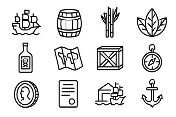 Colonial Trade Icons. Colonial trade. Line icon set of colonial trade: sailing ship, barrel, sugarcane, tobacco leaf, rum bottle, map, crate, compass, coin,