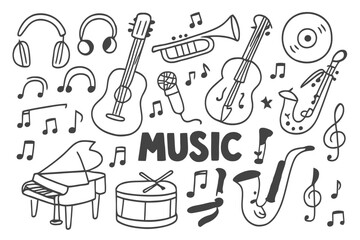 Musical Doodle Icons. Music. Hand-drawn doodle illustration Music guitars, pianos, microphones, headphones, speakers, vinyl records, CDs, musical notes, treble