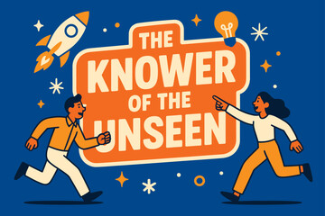 Naklejka premium The Knower Banner. The Knower of the Unseen banner, flat vector illustration, bold oversized text inside sticker outline, cartoon characters running and