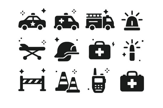 Emergency Response Icons. Emergency response on street. Solid icons set of Emergency response on street: police car, ambulance, fire engine, siren light,