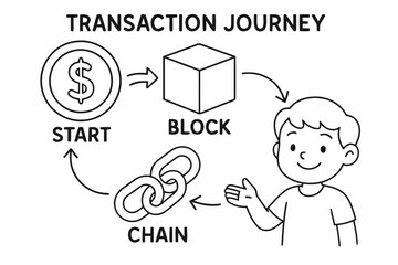 Educational Transaction Path. Transaction journey children?s coloring book illustration, outlined drawing, a path with arrows from ?Start? coin to ?Block? cube
