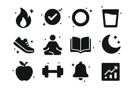 Habit Icons Set. Habit Tracking Reminders. Solid icons set of Habit Tracking Reminders: streak flame, daily check, habit ring, water glass, steps shoe,