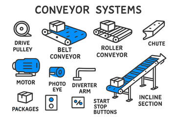 Conveyor System Doodles. // Conveyor systems. Hand-drawn doodle illustration Conveyor systems [belt conveyor (accented), roller conveyor (accented), drive