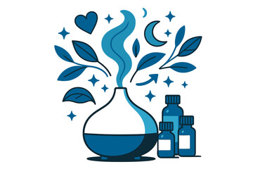 Aromatic Wellness Essence. Aromatherapy oils. Diffuser releasing aromatic steam with abstract floating icons, leaves, and sparkles; conveys calm, relaxation,