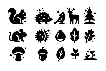 Wildlife Icon Collection. Wildlife and Chestnuts. Solid icons set of Wildlife and Chestnuts: squirrel, hedgehog, bird, deer, mouse, chestnut burr, fallen nut,