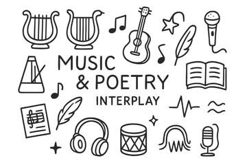 Obraz premium Harmony of Music and Poetry. Music and poetry interplay. Hand-drawn doodle illustration Music and poetry interplay lyre, harp, guitar, microphone, musical