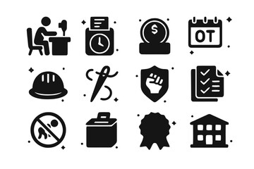 Labor Ethics Icons. Labor and ethics. Solid icons set of labor and ethics: sewing worker, timecard clock, low wage coin, overtime calendar, safety helmet,