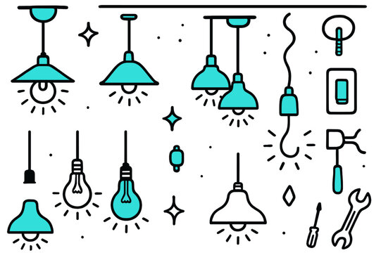 Pendant Lights Doodle. // Pendant lights. Hand-drawn doodle illustration Pendant lights [hanging lamp (accented), trio pendants (accented), bulb shapes
