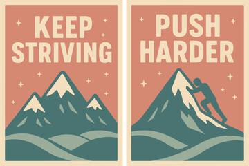 Retro Motivation Banners. Keep striving. Two vertical A6 banners with safe margins, centered composition, no elements touching edges, retro, pink and teal,