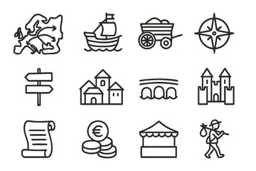 Naklejka premium European Trade Routes Icons. Trade routes of Europe. Line icon set of European trade routes: map, ship, cart, compass, road sign, town, bridge, castle, scroll,