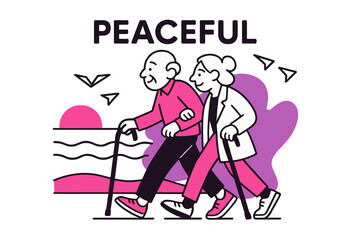 Obraz premium Peaceful Seaside Stroll. Old age ? Sunset seaside walk. Canes and sneakers step in rhythm; gulls reduce to triangle kites over rolling lines. The