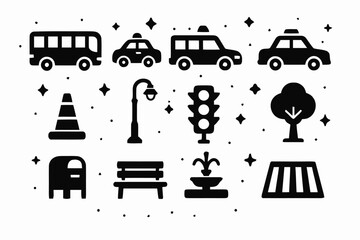 Naklejka premium LEGO City Icons. LEGO City Elements. Solid icons set of LEGO City Elements: bus, police car, fire truck, taxi, construction cone, lamppost, stoplight, tree,