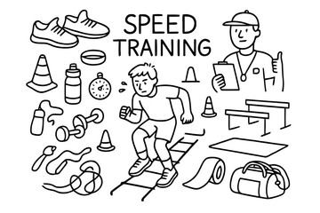 Speed Training Essentials. Speed Training. Hand-drawn doodle illustration Speed Training athlete, agility ladder, cones, sneakers, stopwatch, trainer, water