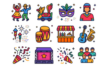 Fototapeta premium Festive Icons Collection. Festival activities. Colorful isometric vector icons set of festival activities: traditional dance, parade float, festival mask,