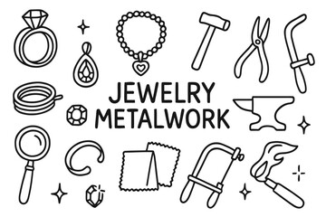 Obraz premium Jewelry Metalwork Tools. Jewelry metalwork. Hand-drawn doodle illustration jewelry metalwork ring, necklace, hammer, pliers, anvil, wire, pendant, gemstone,