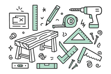 Fototapeta premium Carpentry Tools Doodle. // Carpentry measuring. Hand-drawn doodle illustration Carpentry measuring [wood plank, ruler (accented), tape measure (accented),