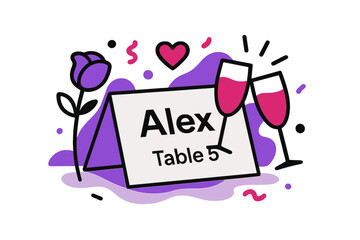Wedding Place Card Design. Place Card at Wedding Table. A crisp tent card reads ?Alex ? Table ? beside a single stem and clinking glass. Confetti-like shapes