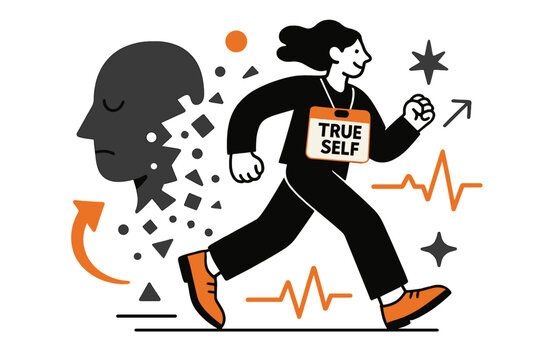 True Self Emergence. Personal authenticity. A figure steps out from a mask that dissolves into shapes; ?True self? glows on a simple name tag. Heartbeat lines