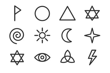 Mystical Icon Grid. Magical symbols. Line icon set of magical symbols: rune, circle symbol, triangle symbol, pentagram, spiral, sun symbol, moon symbol, star,