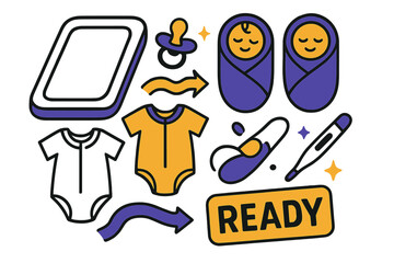 Newborn Essentials Grid. Newborn essentials. A changing mat, swaddles, and tiny onesies click into a tidy grid; ?Ready? stamp pops. A pacifier and thermometer