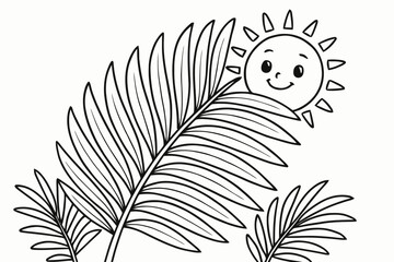Obraz premium Palm Coloring Page. Palm leaves close-up children?s coloring book illustration, outlined drawing, a big palm leaf with detailed fronds and a smiling sun