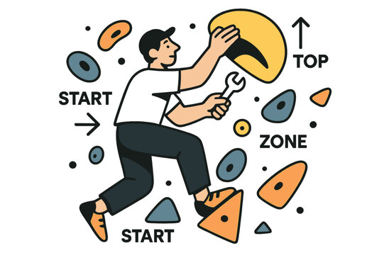 Route Setting Artistry. Route Setter at Work. A wrench spins as a setter places a bright sloper; arrows label ?Start / Zone / Top.? Holds float in a playful