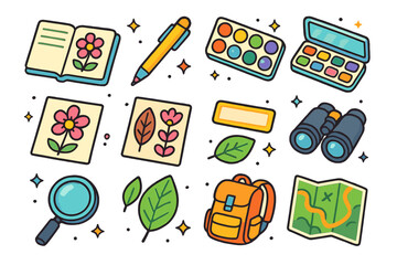 Spring Nature Journaling Icons. Nature journaling in spring. Colorful isometric vector icons set of Nature journaling in spring: open notebook, field pen,