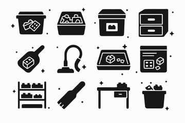 Obraz premium LEGO Storage Icons. LEGO Storage and Organization. Solid icons set of LEGO Storage and Organization: storage bin, color sorter, labeled box, small drawer,