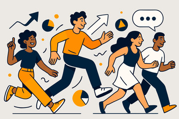 Obraz premium Dynamic Stylized Scene. Modern flat vector scene with expressive, stylized characters in dynamic motion. Clean, bold outlines combined with smooth flowing