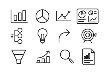 Fototapeta premium Data Storytelling Icons. Data storytelling in marketing. Line icon set of data storytelling: bar chart, pie chart, line graph, dashboard, infographic, light
