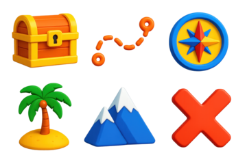 Adventure Icon Set. 3D icon set of adventure maps: treasure chest, dotted map line, compass rose, palm island, mountain peak, X