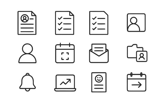Follow-up Icons Set. Follow-up and Minutes. Line icon set of Follow-up and Minutes: meeting minutes document, attendance list, decisions check, action items
