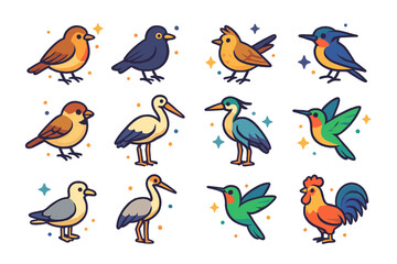 Naklejka premium Daybreak Bird Icons. birds at daybreak. Colorful isometric vector icons set of birds at daybreak: robin, blackbird, skylark, swallow, sparrow, stork, heron,