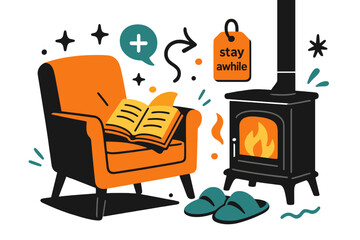 Fototapeta premium Hearthside Serenity. Keeper of the Hearth ? Quiet Read by the Stove. A chair, a book, and slippers rest in perfect calm; page edges glow with firelight. Tag
