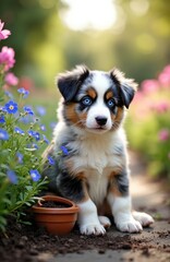 Cute Australian Shepherd puppy sits outdoors in vibrant green garden. Blue eyed Aussie pup poses near small brown pot, blooming blue flowers. Fluffy animal companion enjoys sunny day, looking forward