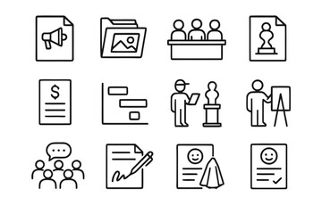 Public Art Icon Set. Public Art Curation. Line icon set of Public Art Curation: open call notice, artist portfolio, selection jury, proposal sketch, budget