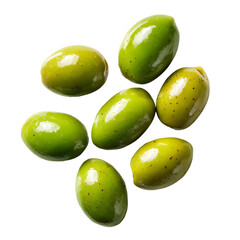 Obraz premium Seven Fresh Green Olives Scattered on a White Background.