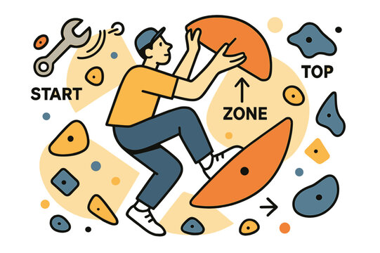 Dynamic Climbing Setup. Route Setter at Work. A wrench spins as a setter places a bright sloper; arrows label ?Start / Zone / Top.? Holds float in a playful