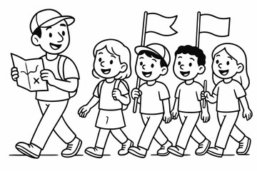 Naklejka premium Friendly Traveler Parade. Community procession children?s coloring book illustration, outlined drawing, a group of smiling travelers walking together with