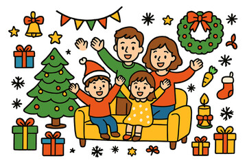 Fototapeta premium Festive Home Celebration. home celebration. Colorful Hand-drawn doodle Children illustration home celebration family, Christmas tree, ornaments, lights,