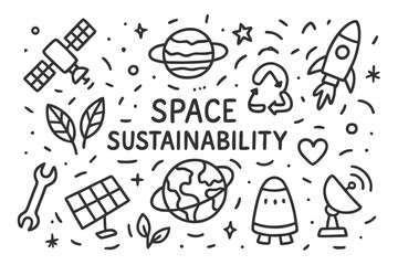 Fototapeta premium Space Sustainability Doodle. Space sustainability. Hand-drawn doodle illustration space sustainability Earth, recycle symbol, satellite, orbit ring, solar