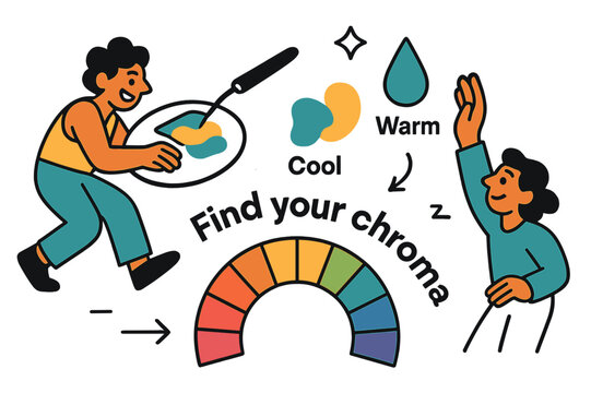 Dynamic Palette Exploration. Color mixing & palette. A palette knife folds two swatches into a new hue; droplets jump into tidy circles labeled ?Warm ? Cool?.