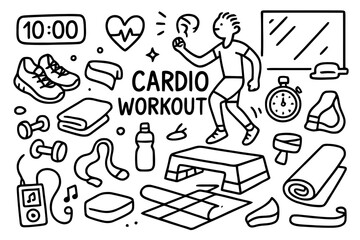 Cardio Workout Doodles. Cardio Workout. Hand-drawn doodle illustration Cardio Workout step platform, person jumping, sneakers, dumbbells, towel, water bottle,